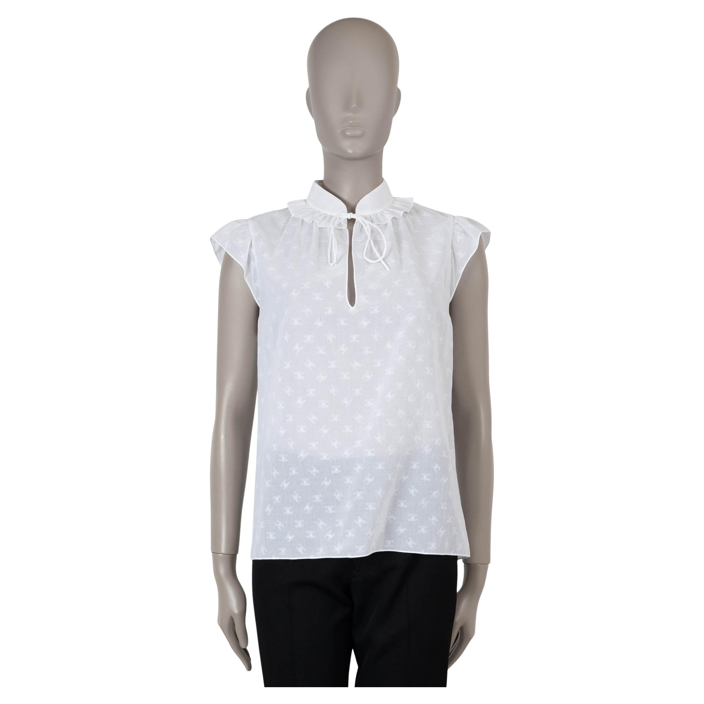 CELINE white cotton TRIOMPHE EMBROIDERED VOILE Blouse Shirt 38 S For Sale