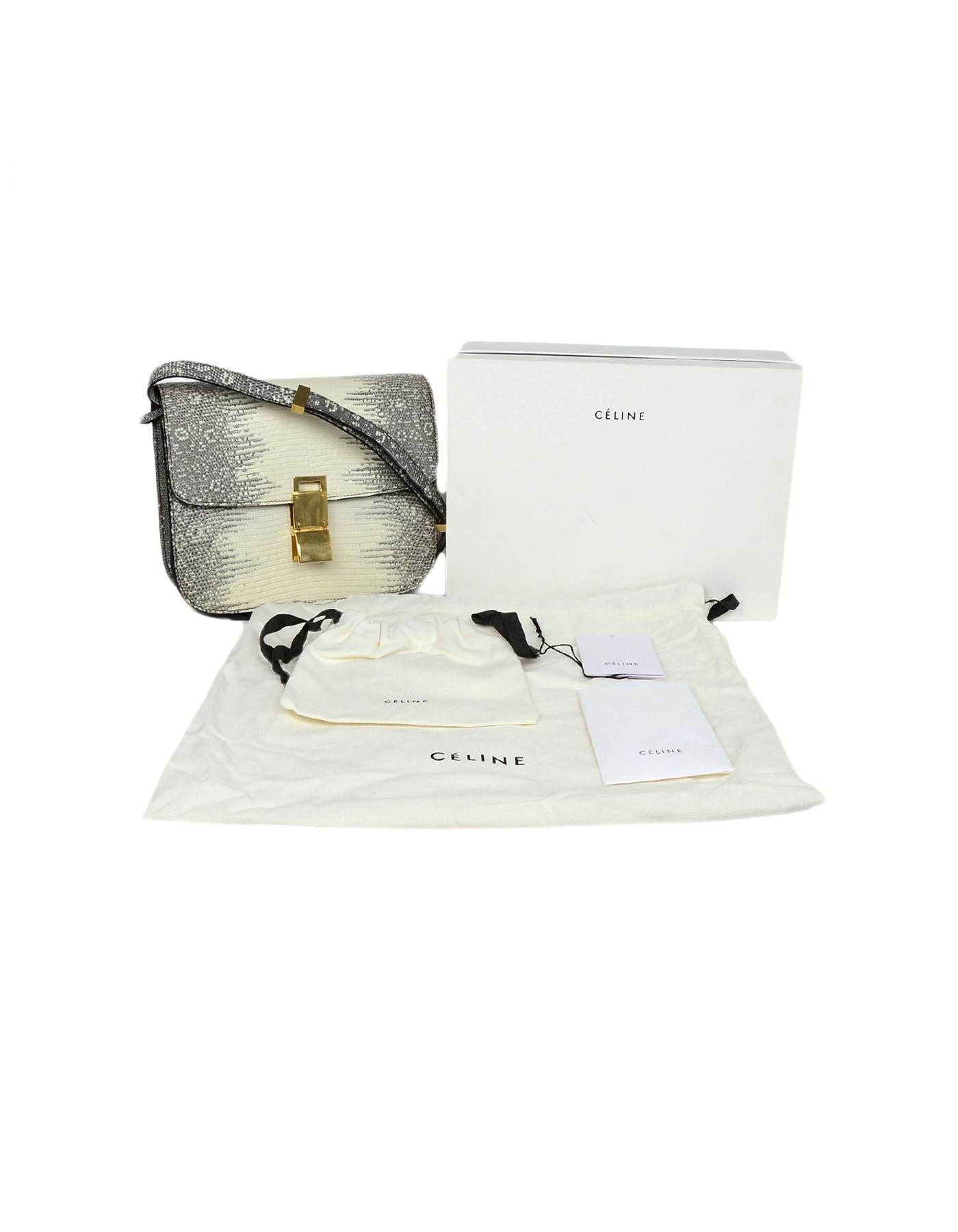 Women's Celine White/Grey Ombre Lizard Medium Box Bag with Receipt