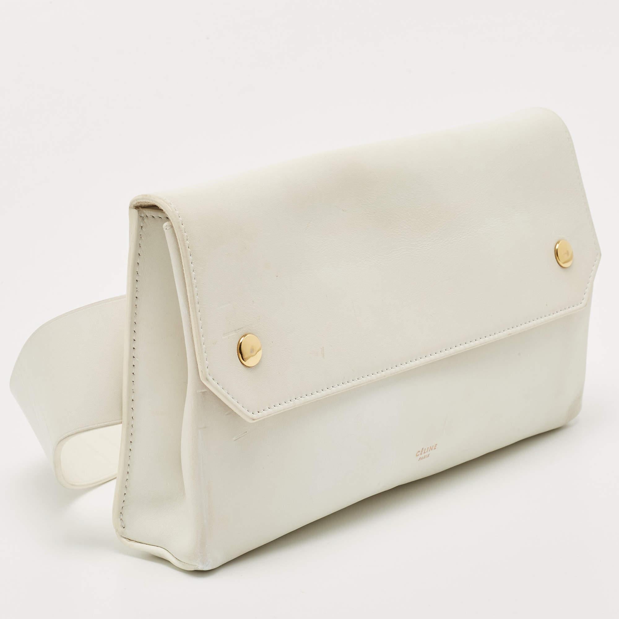 Celine White Leather Flap Bum Waist Bag In Good Condition In Dubai, Al Qouz 2