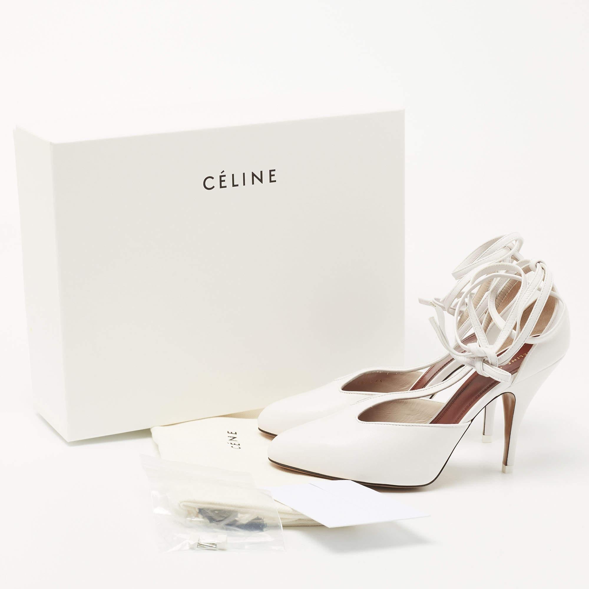 Celine White Leather Night Out T-Strap Ankle Wrap Sandals Size 36 5