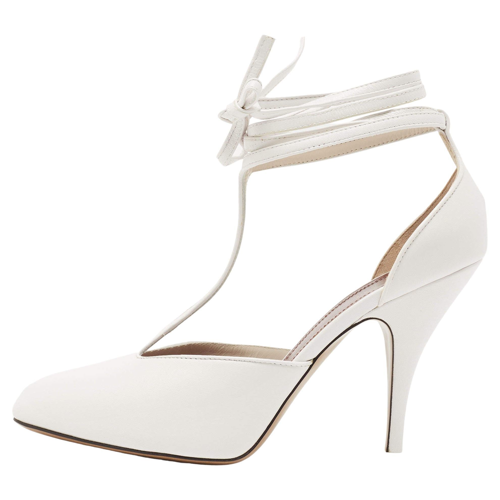 Celine White Leather Night Out T-Strap Ankle Wrap Sandals Size 36