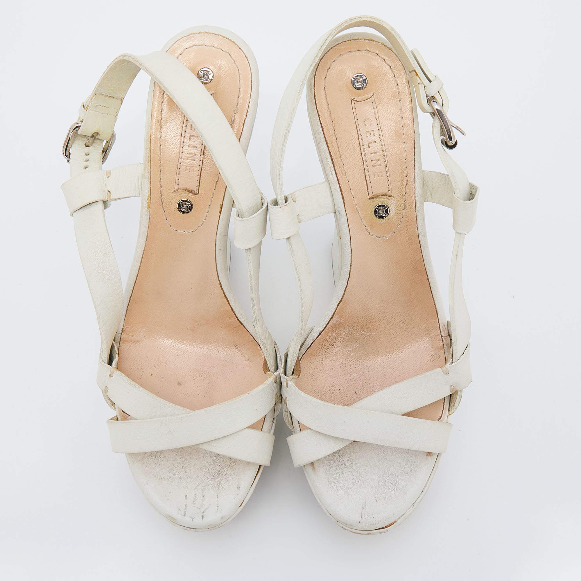 Celine White Leather Strappy Platform Sandals Size 37 In Fair Condition In Dubai, Al Qouz 2