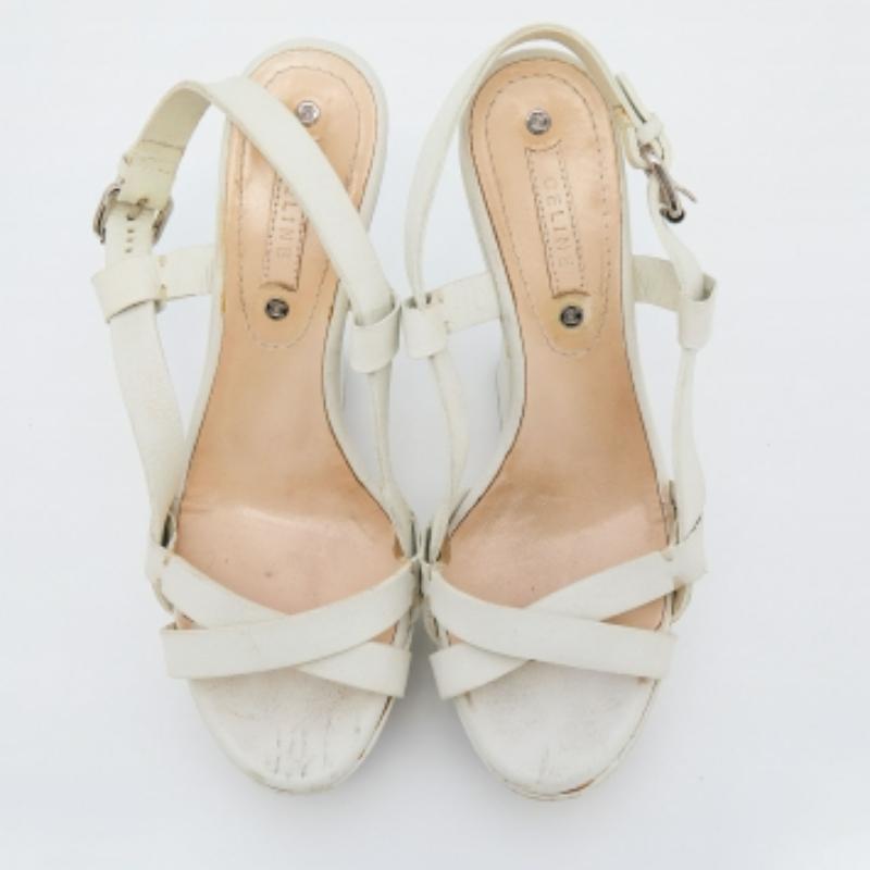 Celine White Leather Strappy Platform Sandals Size 37 In Fair Condition For Sale In Dubai, Al Qouz 2