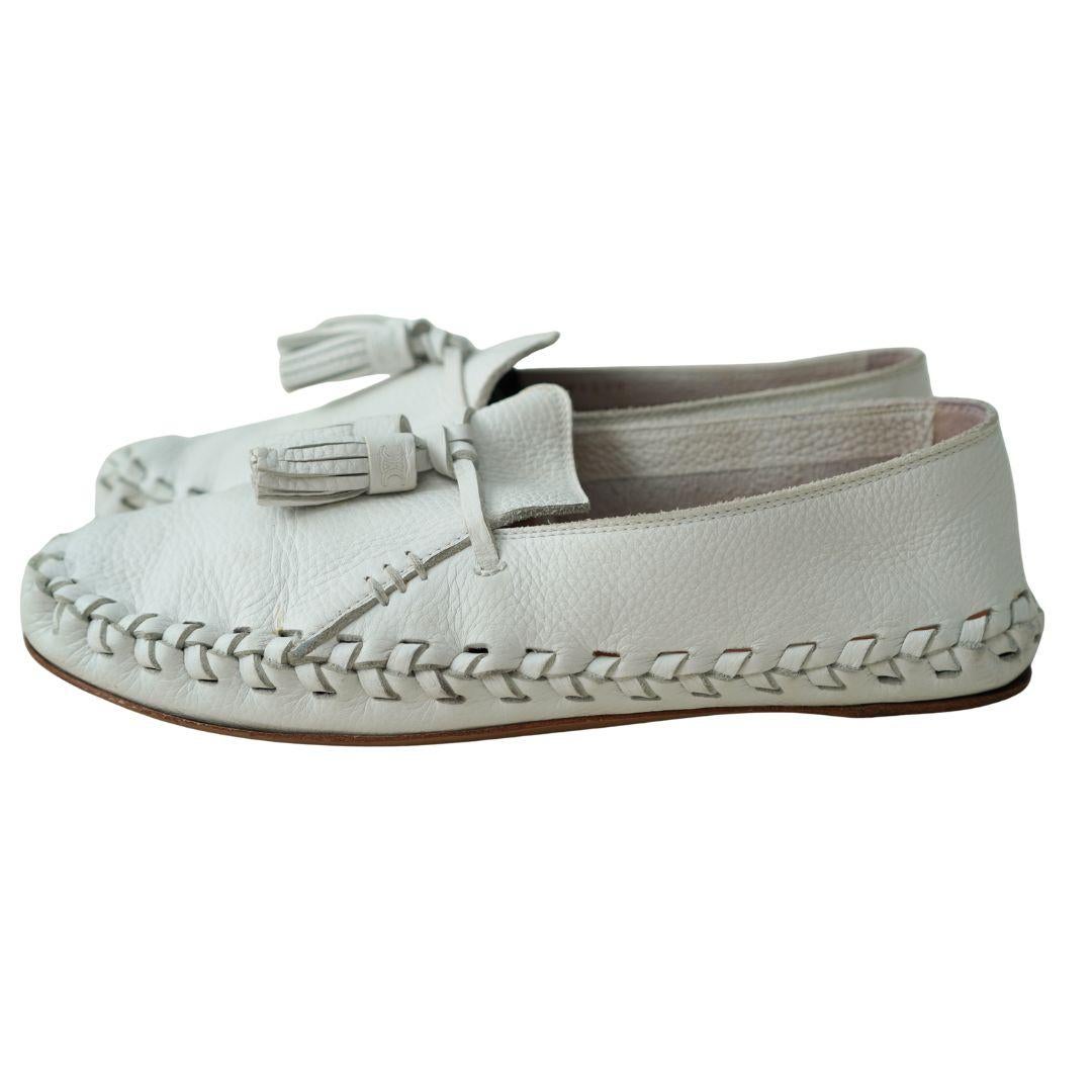 Celine - Mocassini con nappe in pelle bianca - sz 9,5 in vendita 2