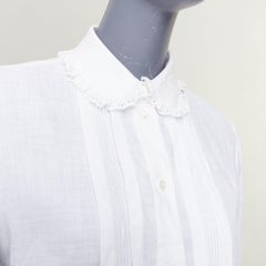 CELINE white linen ramie eyelet ruffled collar embroidered pleated shirt FR36 S