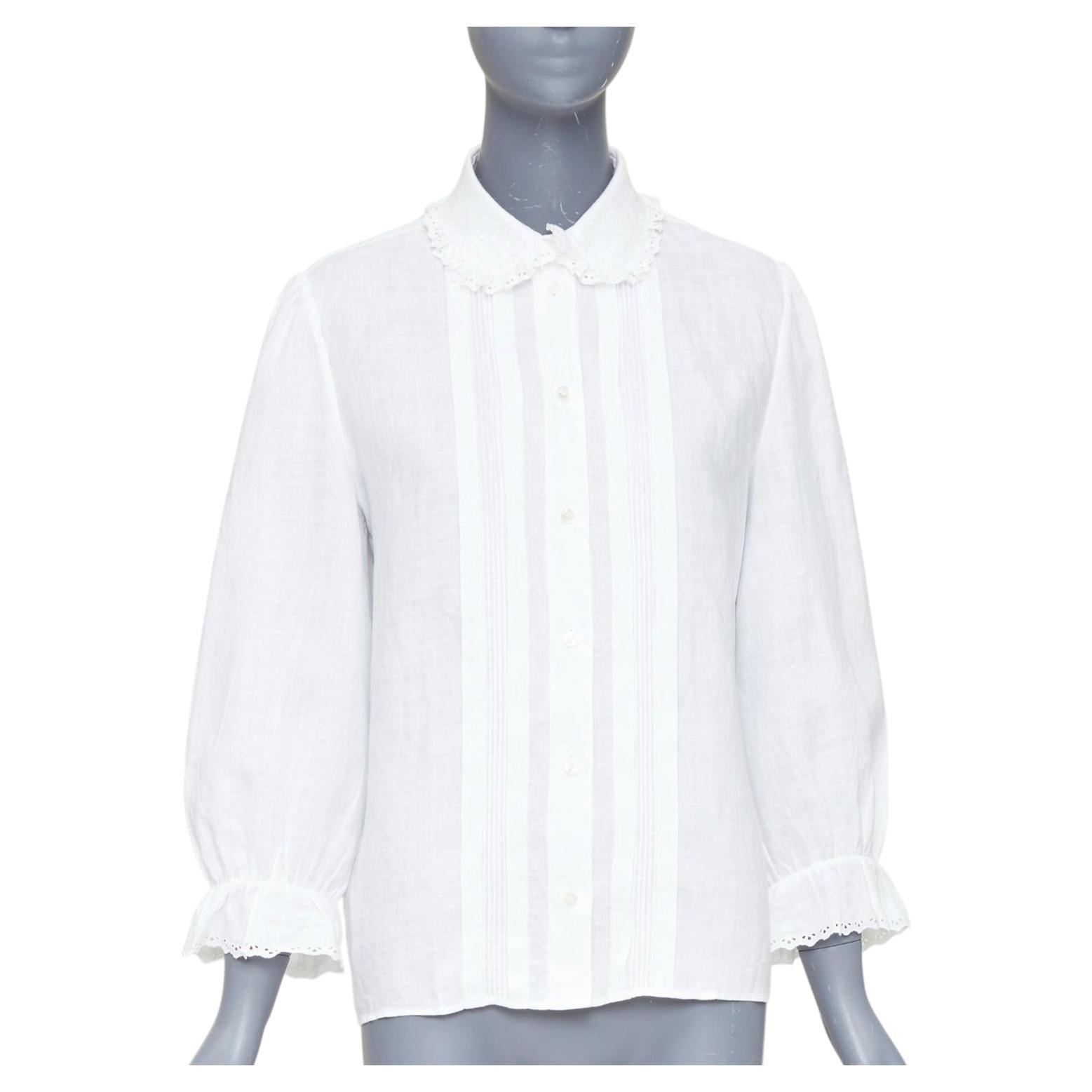 CELINE white linen ramie eyelet ruffled collar embroidered pleated shirt FR36 S
