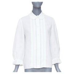 CELINE white linen ramie eyelet ruffled collar embroidered pleated shirt FR36 S