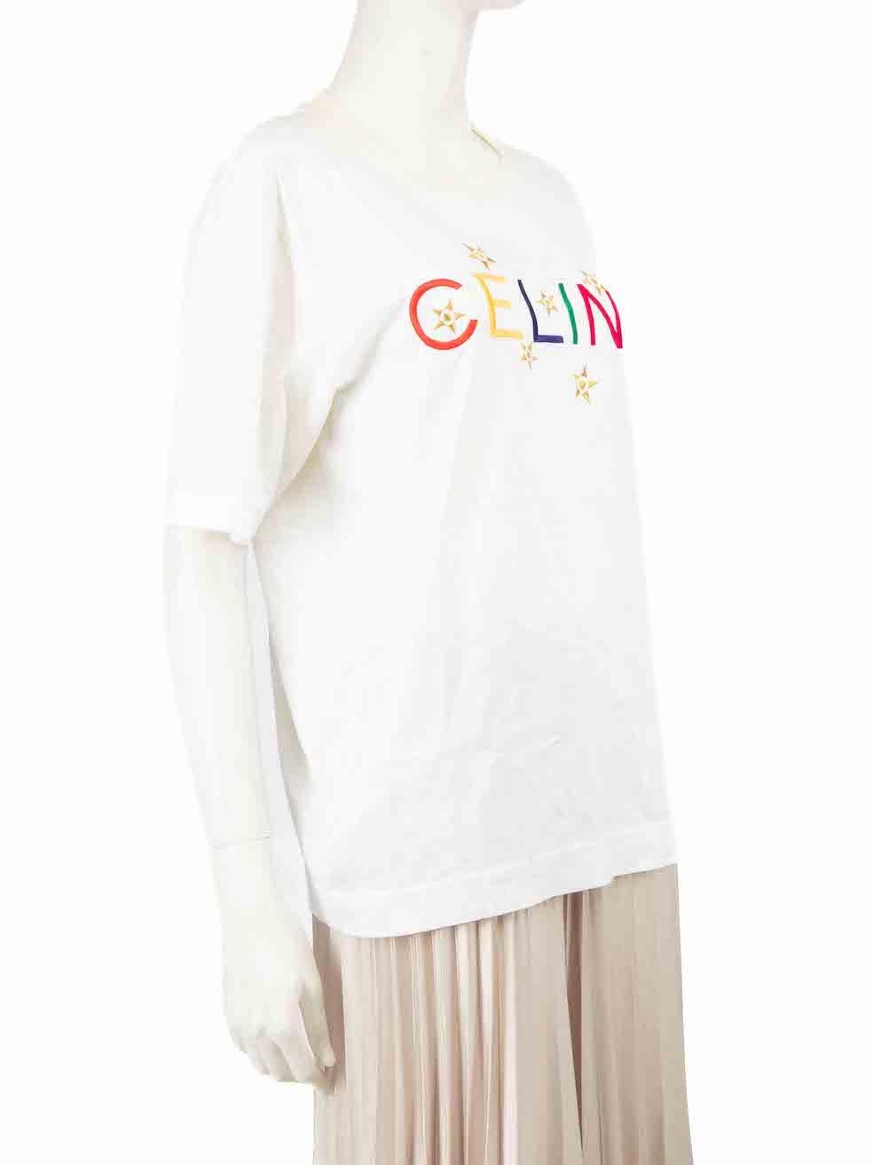 CONDITION is Good. Minor wear to top is evident. Light wear to the fabric surface with spots of light discolouration seen throughout on this used Céline designer resale item.
 
 
 
 
 
 Details
 
 
 White
 
 Cotton
 
 T-shirt
 
 Embroidered logo