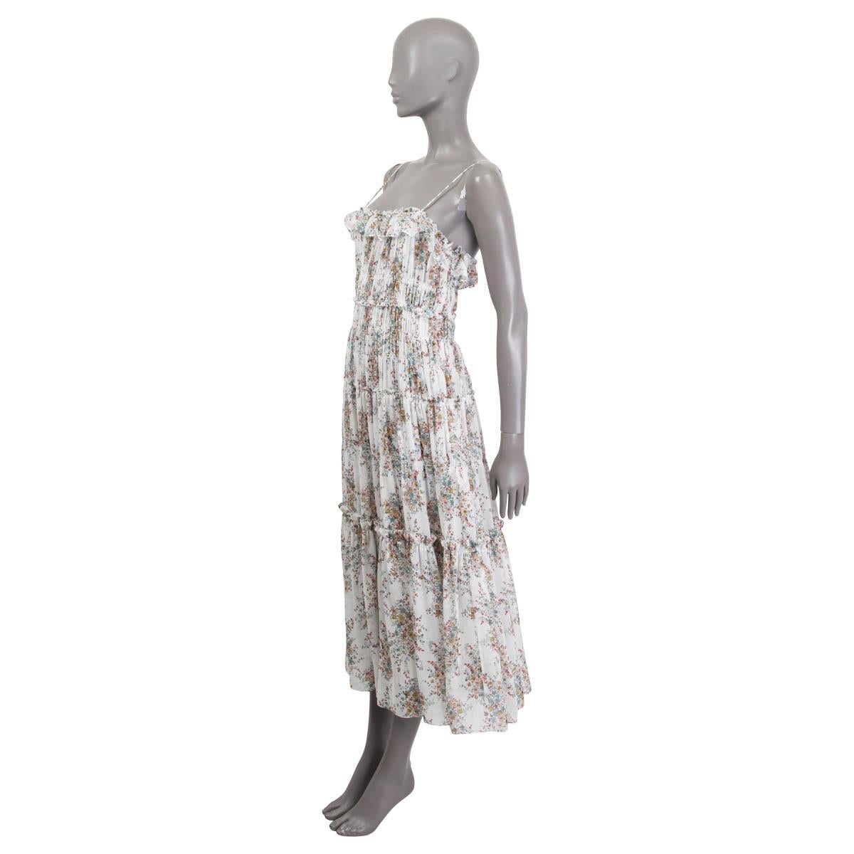 100% authentic Celine sleeveless paneled midi dress in white, green, rose and olive green silk (assumed cause tag is missing). Features ruched details and a floral print. Opens with concealed zipper on the side. Unlined. Has been worn and is in