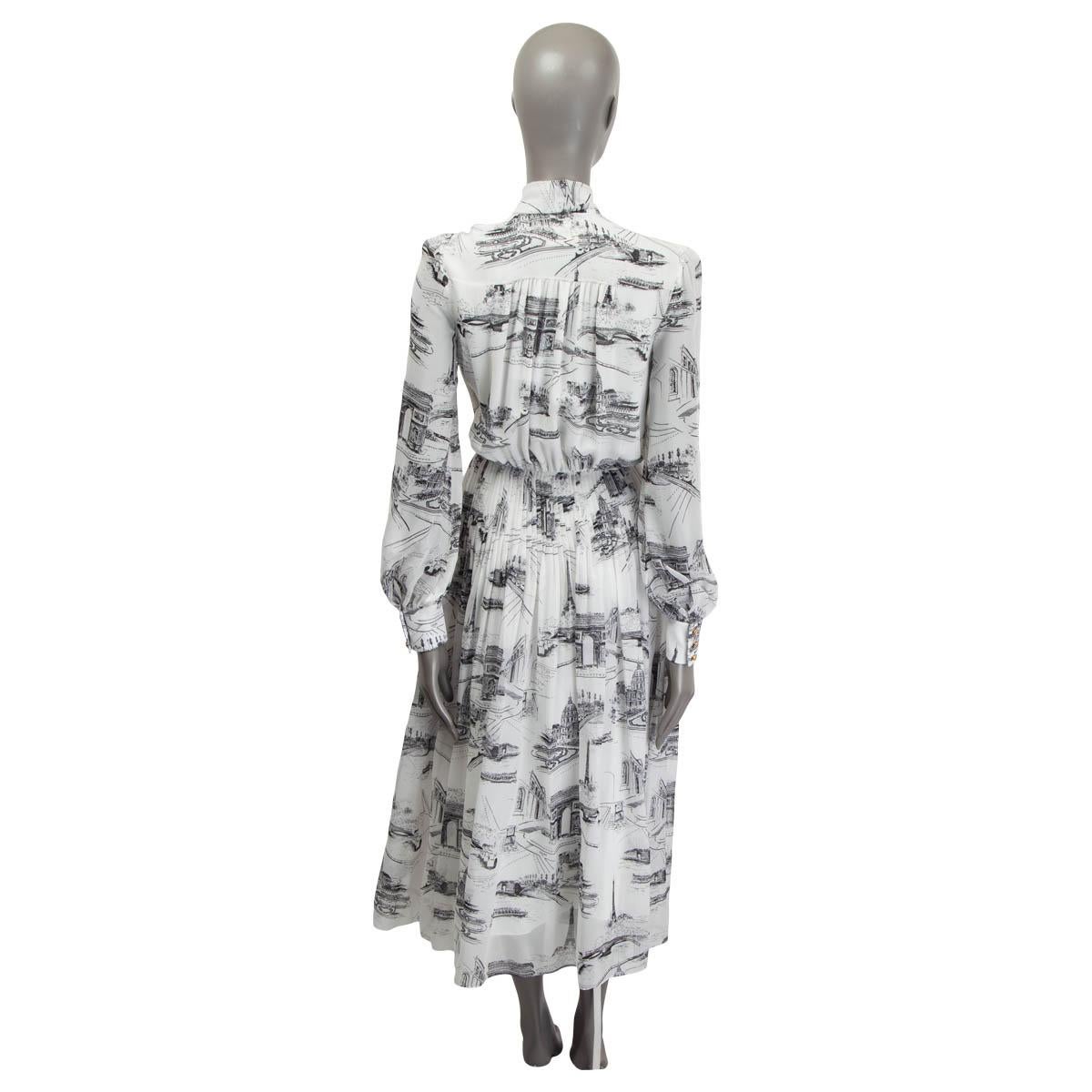 Gray CELINE white silk PARIS PRINTE PUSSY BOW Long Sleeve Midi Dress S