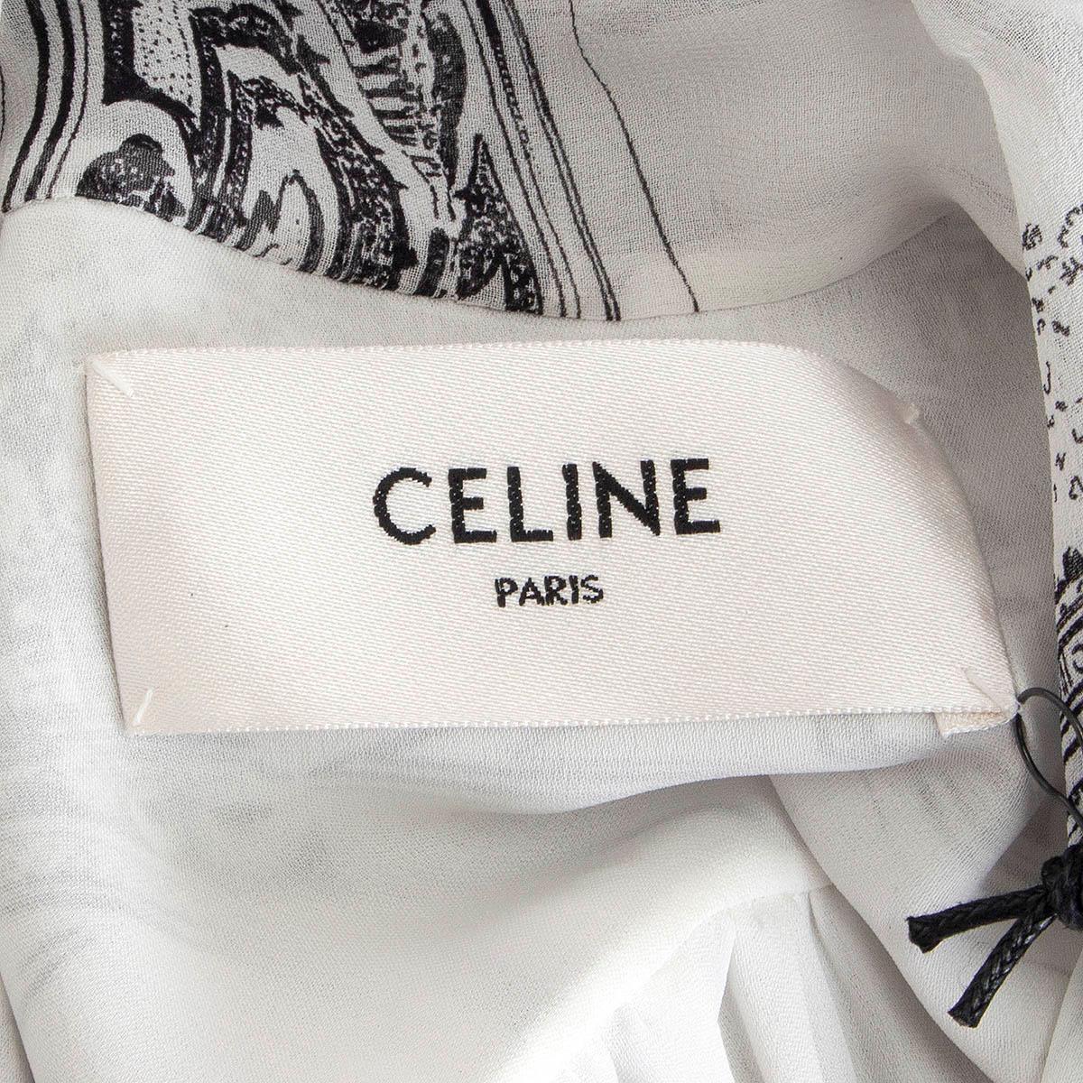CELINE white silk PARIS PRINTE PUSSY BOW Long Sleeve Midi Dress S 1