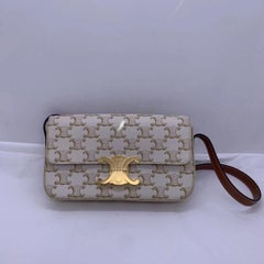 Celine White Triomphe Canvas and Tan Leather Shoulder Bag