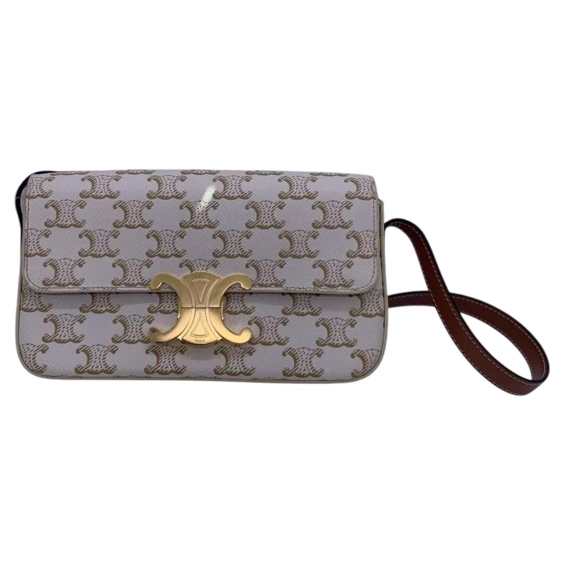 Celine White Triomphe Canvas and Tan Leather Shoulder Bag For Sale