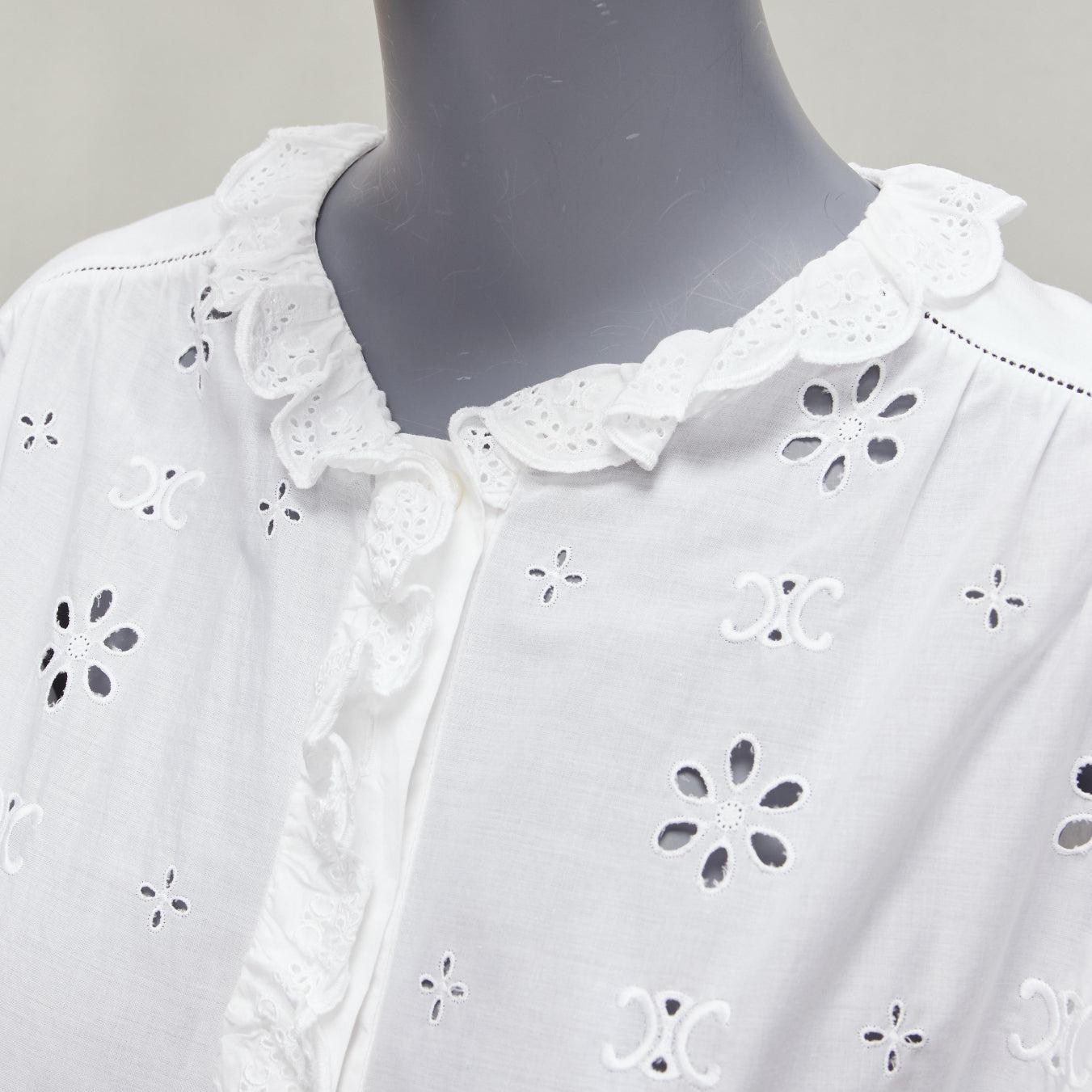CELINE white triomphe logo lace eyelet embroidery peasant shirt FR40 L
Reference: NKLL/A00169
Brand: Celine
Designer: Hedi Slimane
Material: Feels like cotton
Color: White
Pattern: Lace
Closure: Button
Extra Details: CELINE triomphe logo merge into