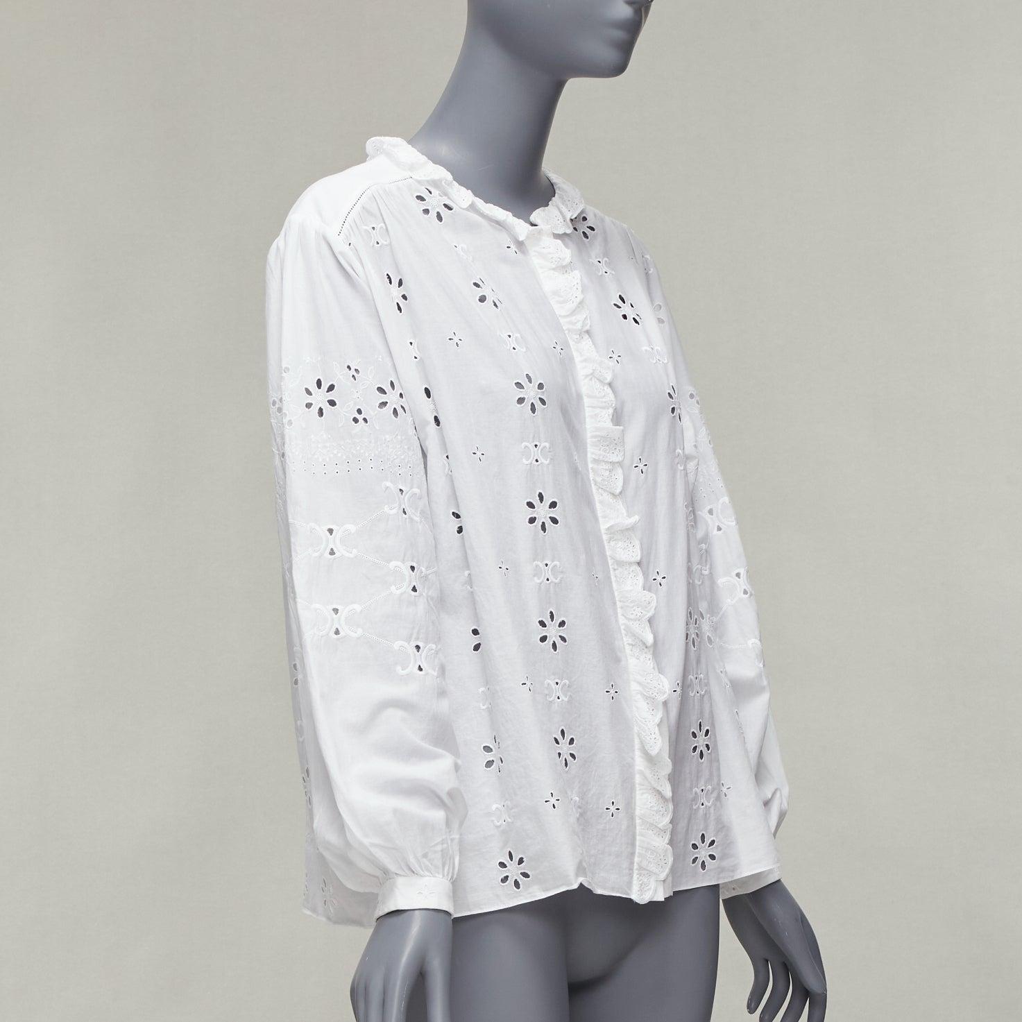 CELINE white triomphe logo lace eyelet embroidery peasant shirt FR40 L In Excellent Condition For Sale In Hong Kong, NT