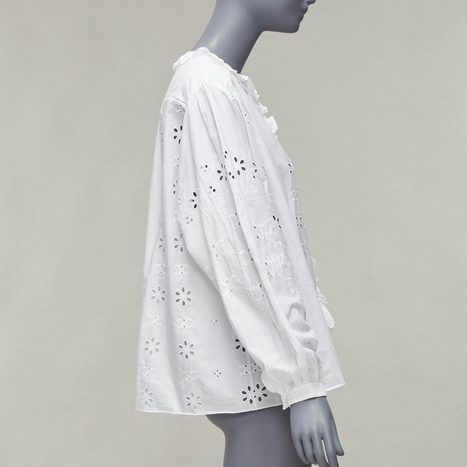CELINE white triomphe logo lace eyelet embroidery peasant shirt FR40 L In Excellent Condition For Sale In Hong Kong, NT
