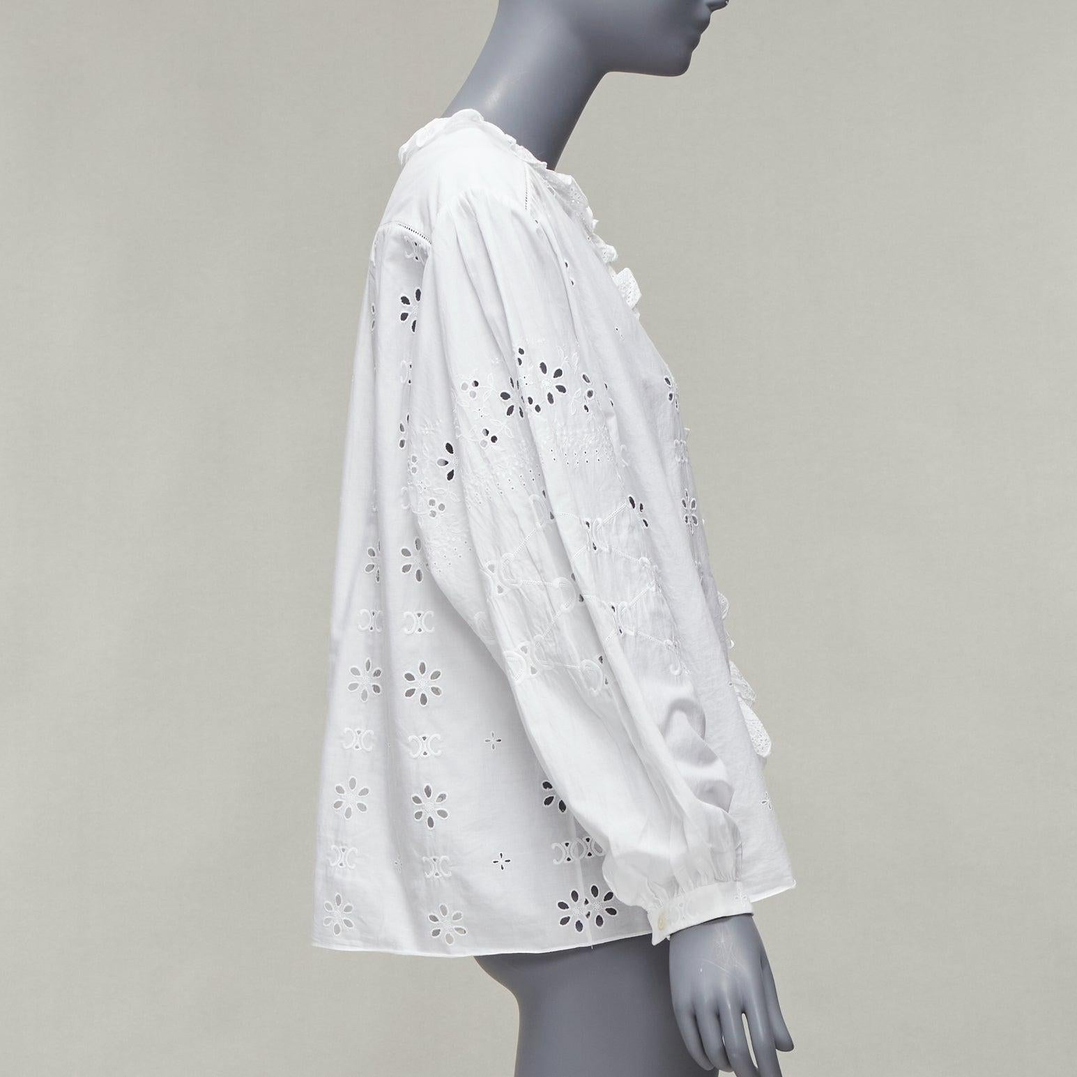 CELINE chemise paysanne blanche avec logo triomphe en dentelle et broderie d'œillets FR40 L Pour femmes en vente