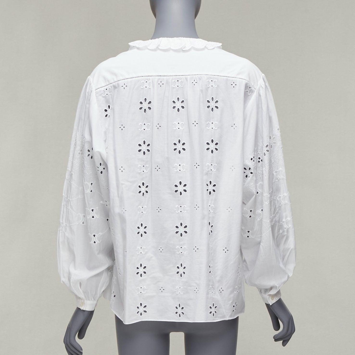 Women's CELINE white triomphe logo lace eyelet embroidery peasant shirt FR40 L For Sale