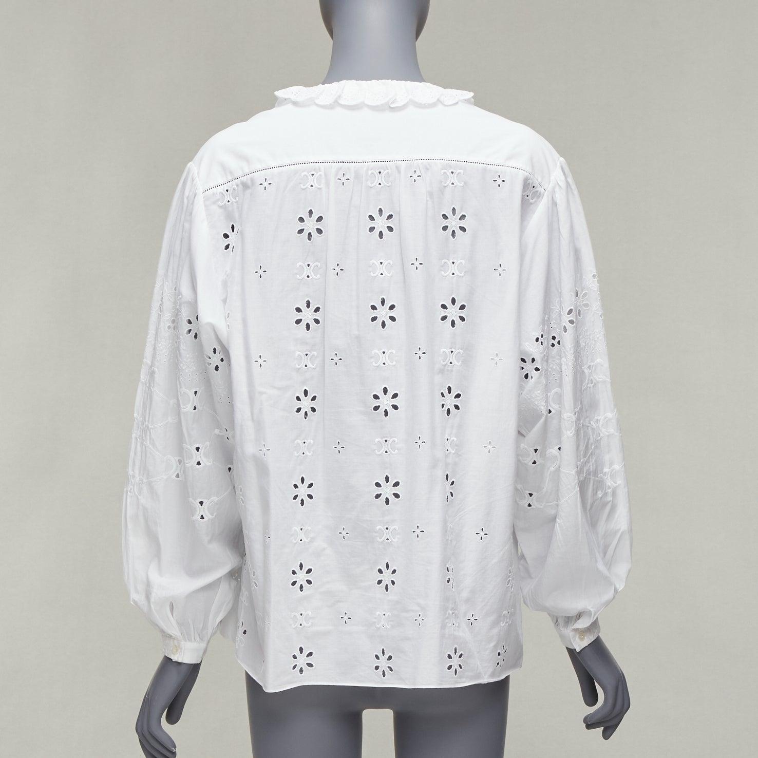 CELINE white triomphe logo lace eyelet embroidery peasant shirt FR40 L For Sale 1
