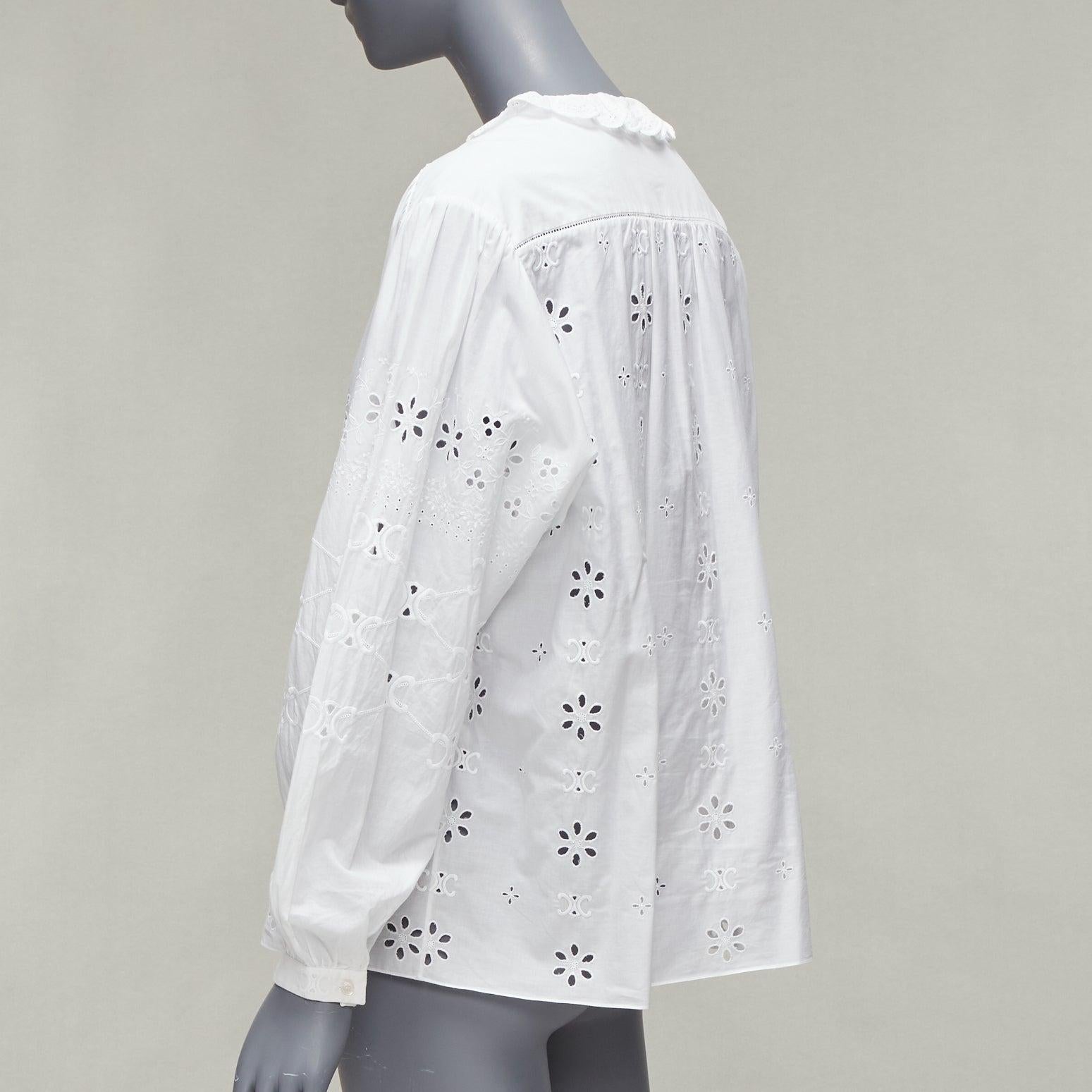 CELINE white triomphe logo lace eyelet embroidery peasant shirt FR40 L For Sale 2