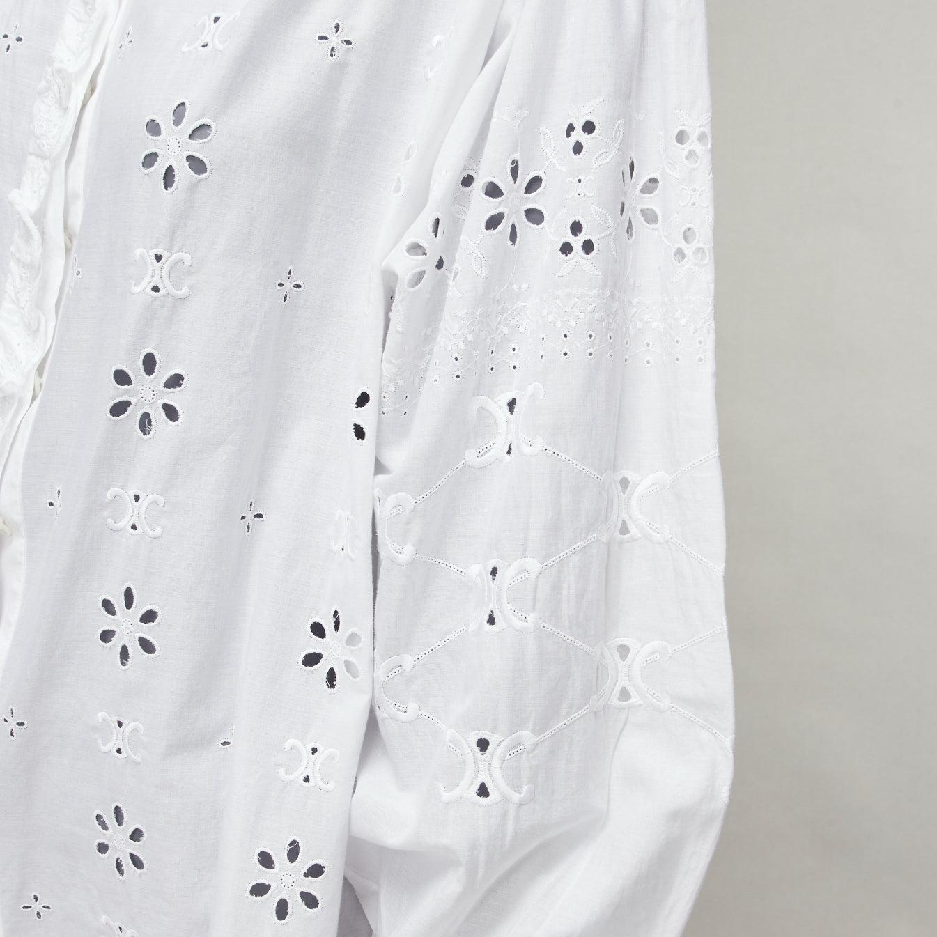 CELINE white triomphe logo lace eyelet embroidery peasant shirt FR40 L For Sale 2