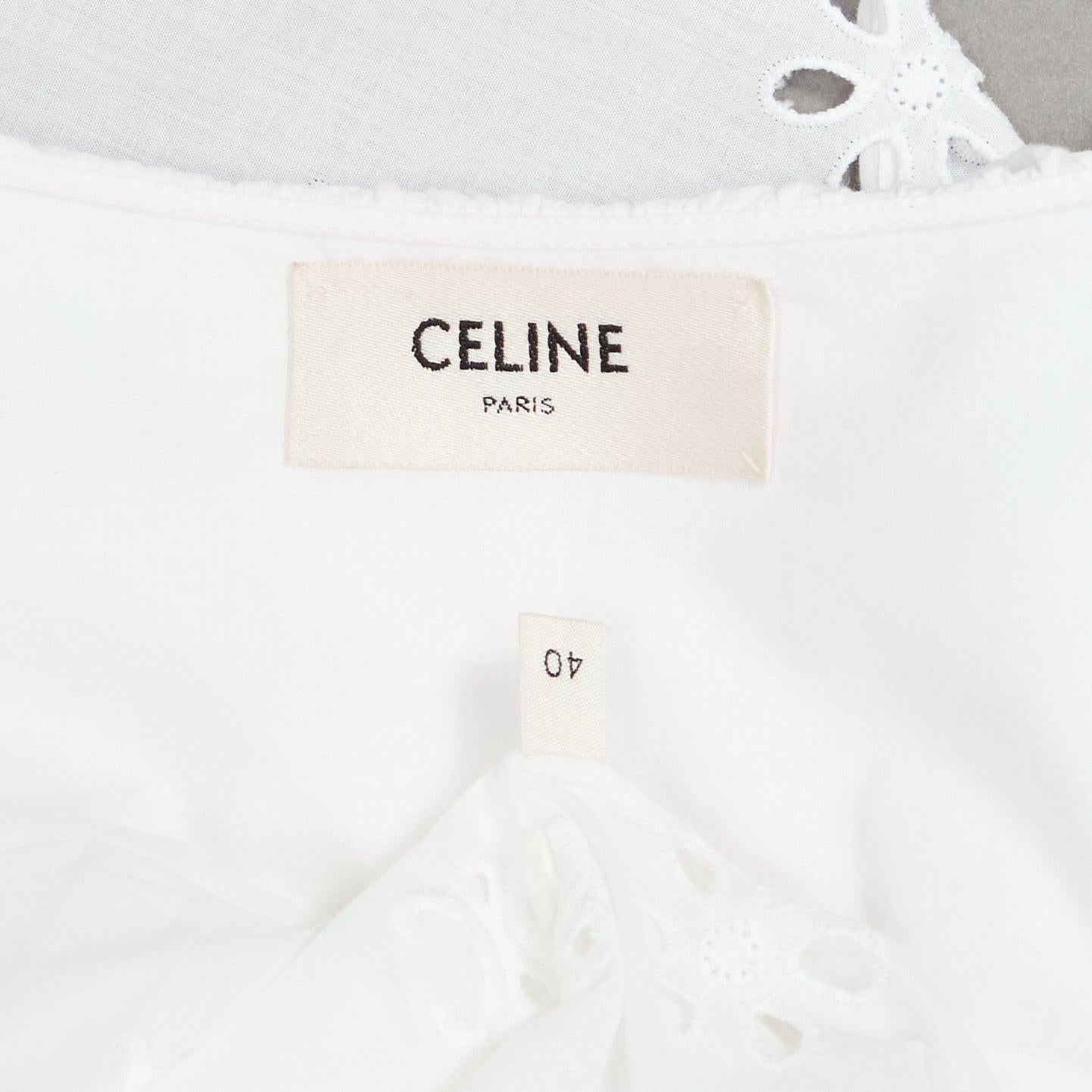 CELINE white triomphe logo lace eyelet embroidery peasant shirt FR40 L For Sale 4