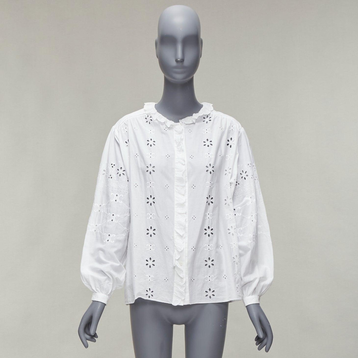 CELINE white triomphe logo lace eyelet embroidery peasant shirt FR40 L For Sale 4