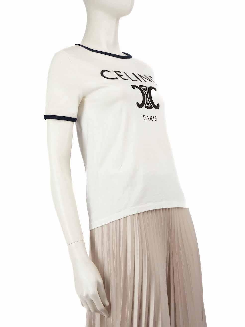 CONDITION is Very good. Minimal wear to topis evident. Minimal wear with marks on side and neckline on this used Celinedesigner resale item.
 
 
 
 Details
 
 
 White
 
 Cotton
 
 T-shirt
 
 Short sleeves
 
 Round neckline
 
 Black logo print
 
