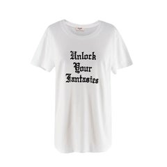 Celine White 'Unlock Your Fantasies' Flocked Slogan T-Shirt
