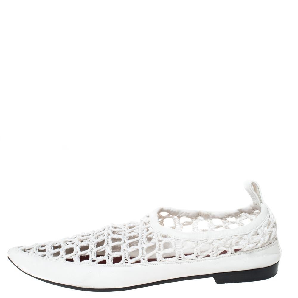Flaunt style at its best with these flats by Celine. These flats can get you compliments at any party you go to. Stay comfortable throughout the day in these flats crafted from rope and leather. These exclusive white flats are just what you need to