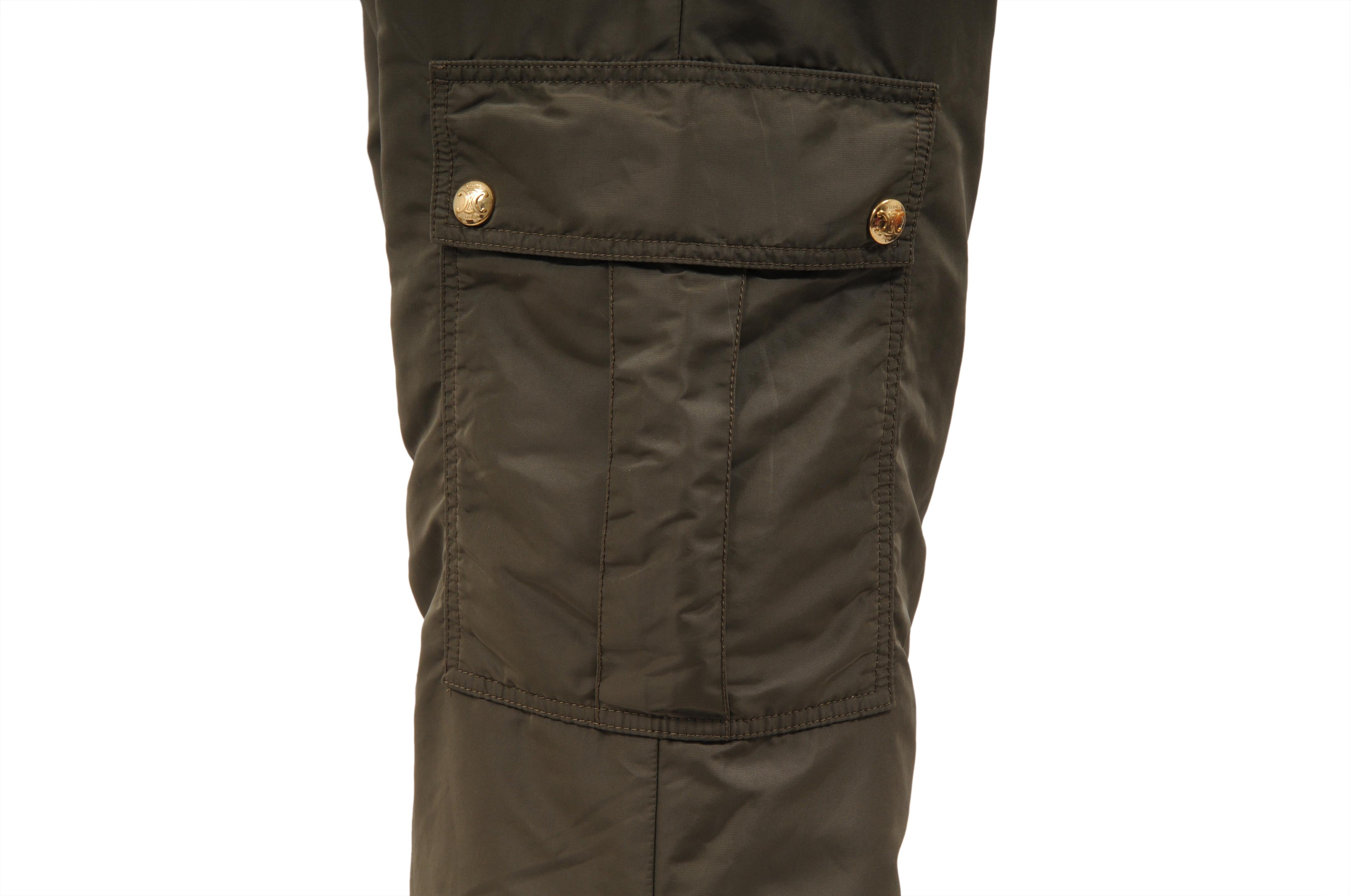 Celine Damen Cargohose Größe 40 US8 Grün Kaki Leichtes Nylon Gold Hardware im Angebot 1