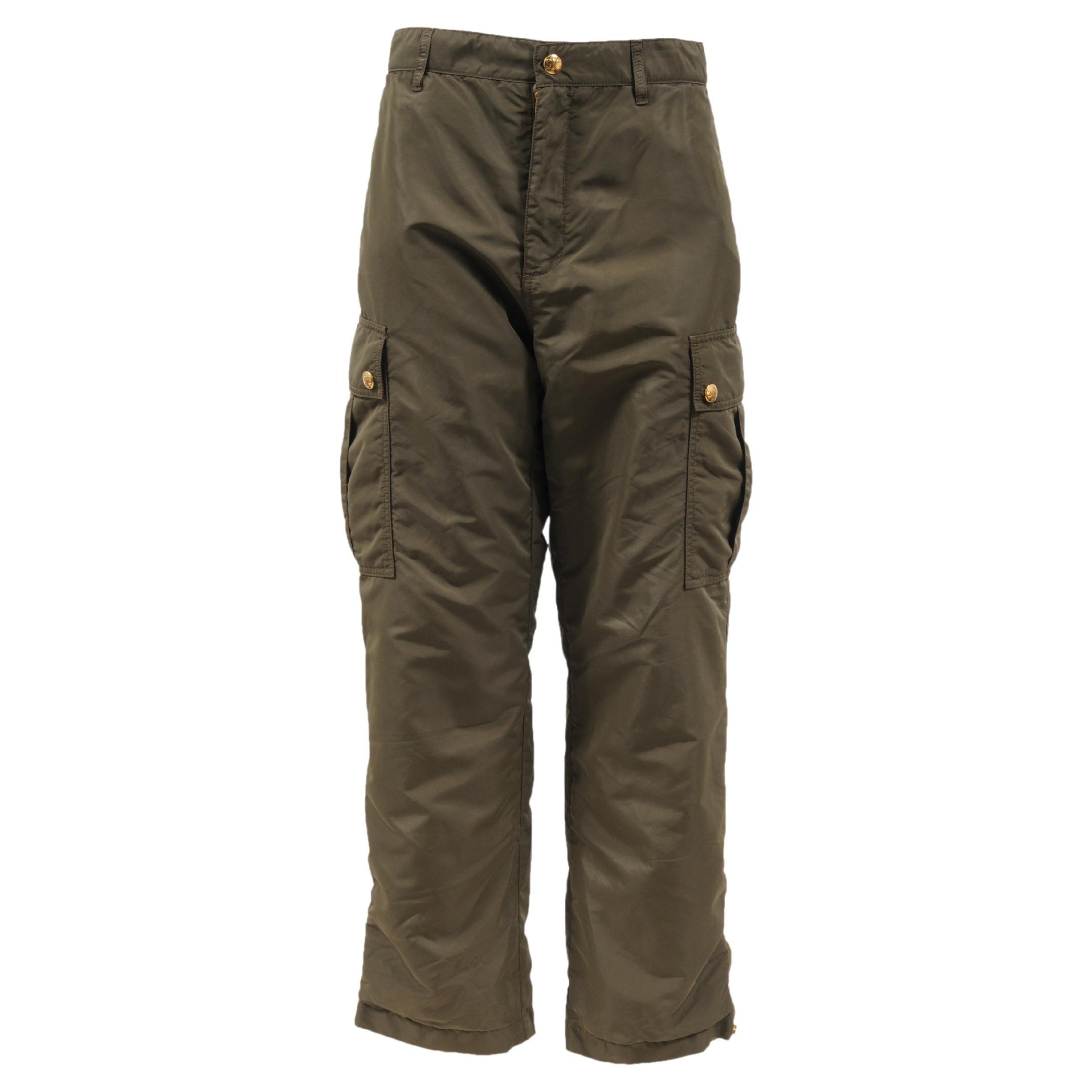 Celine Pantalones Cargo Mujer Talla 40 US8 Verde Caqui Nylon Ligero Herrajes Dorados