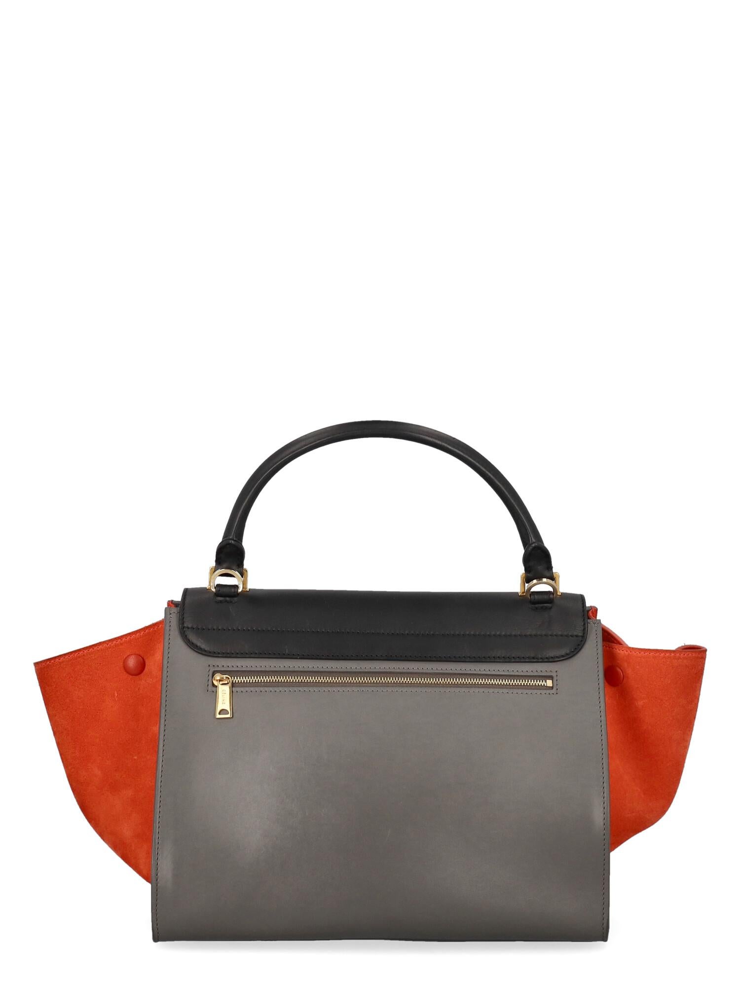 Women's Celine Women Handbags Trapã¨Ze Black, Grey, Orange Leather  For Sale