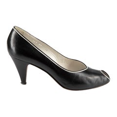 Céline Women's Black Leather Contrast Trim Peep Toe Heels