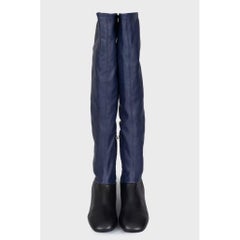 Celine Women's Blue Black Leather Boots Sz 40 Round Toe Heel