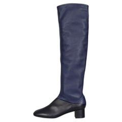 Celine Women's Blue Black Leather Boots Sz 40 Round Toe Heel