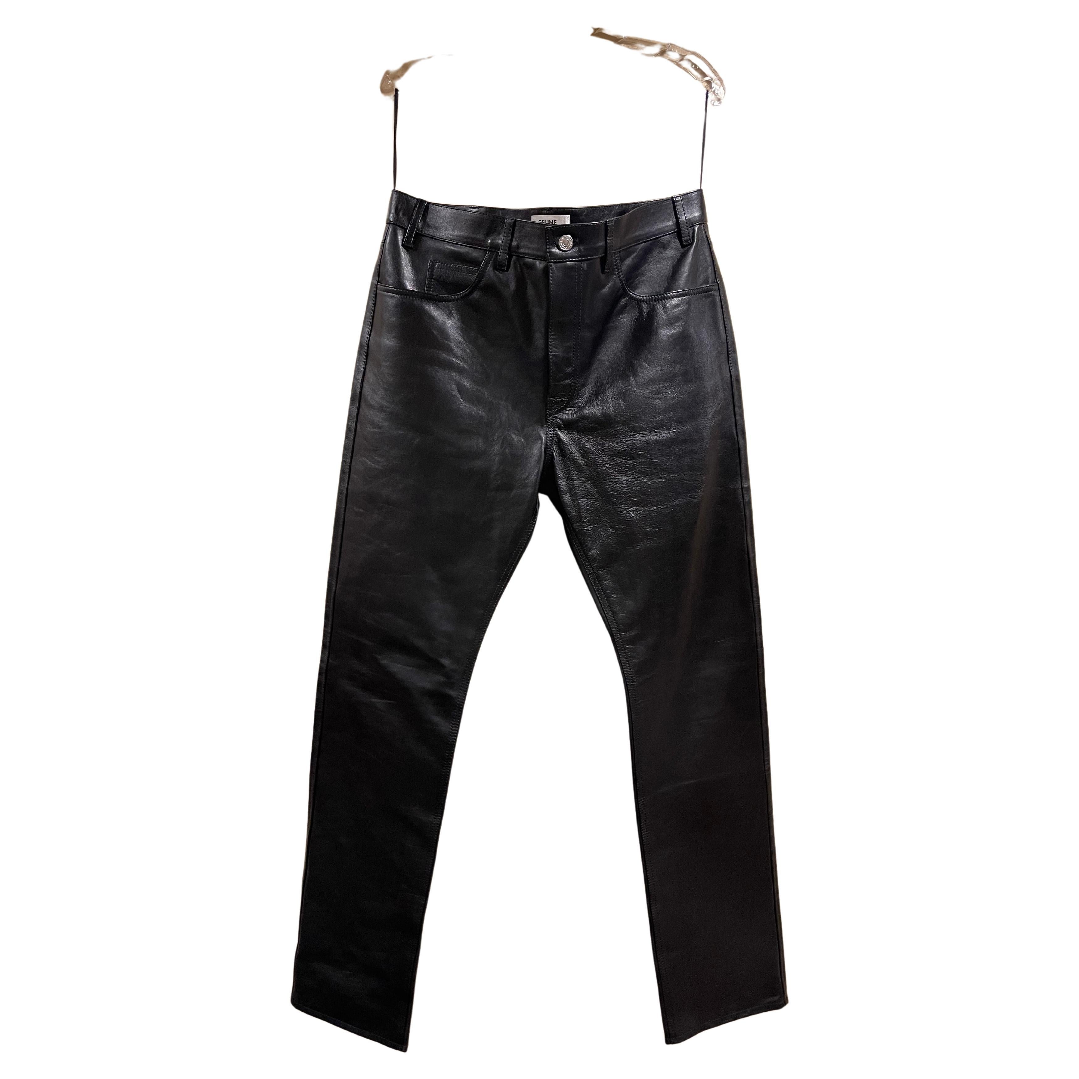 Celine x Hedi Slimane FW19 Black Calfskin Leather Pants size 32 For Sale
