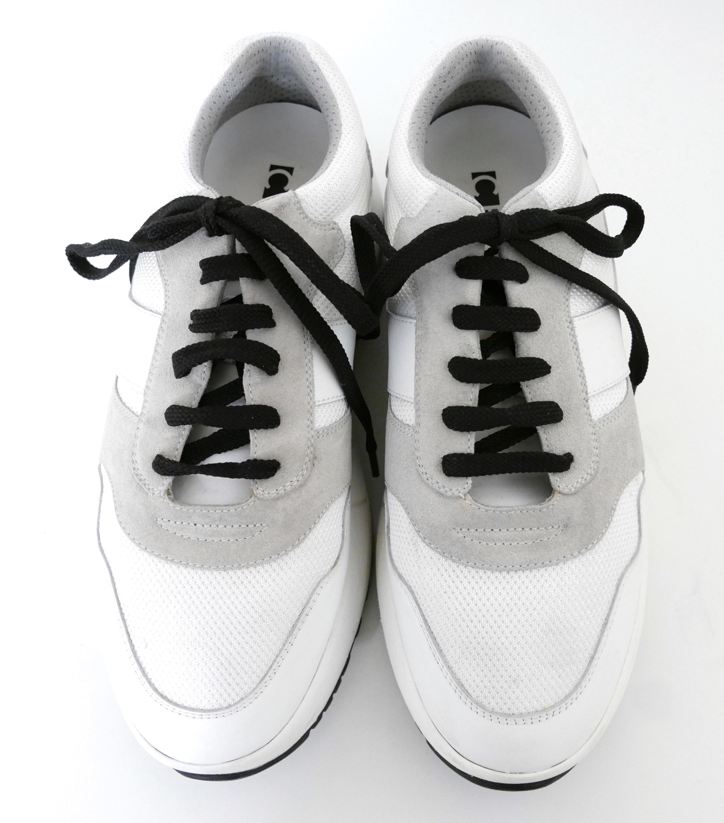 Cult Celine Delivery' trainers from the Celine SS18 collection by Phoebe Philo. 

Worn once 

Made from white leather, off white and taupe leather and suede with deep platforms, almond shaped toe, Lace-up fastening, 
a black rubber sole and