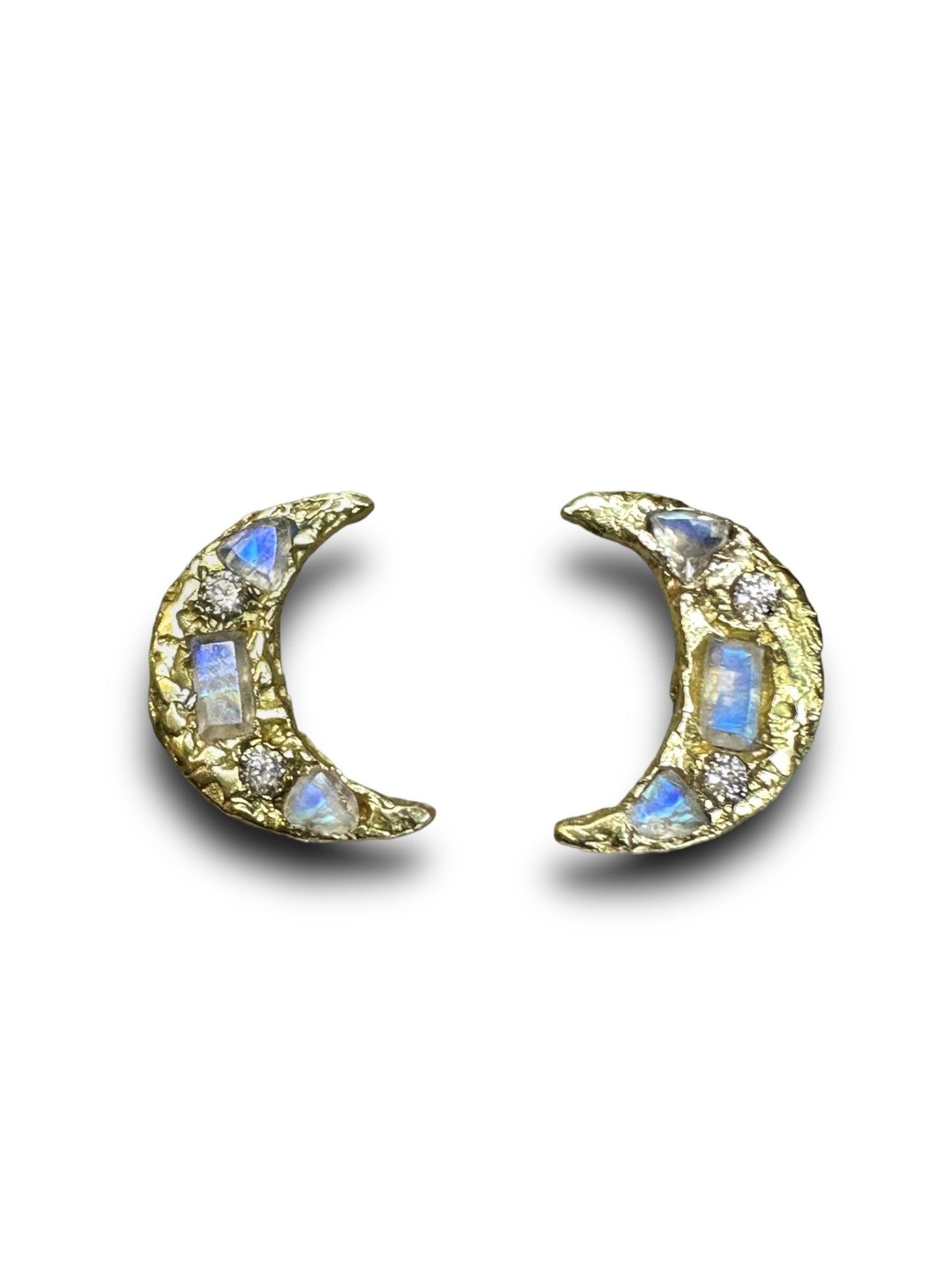 Baguette Cut Moon Crescent stud Earrings Diamonds Moonstones in Gold one of a kind in stock For Sale