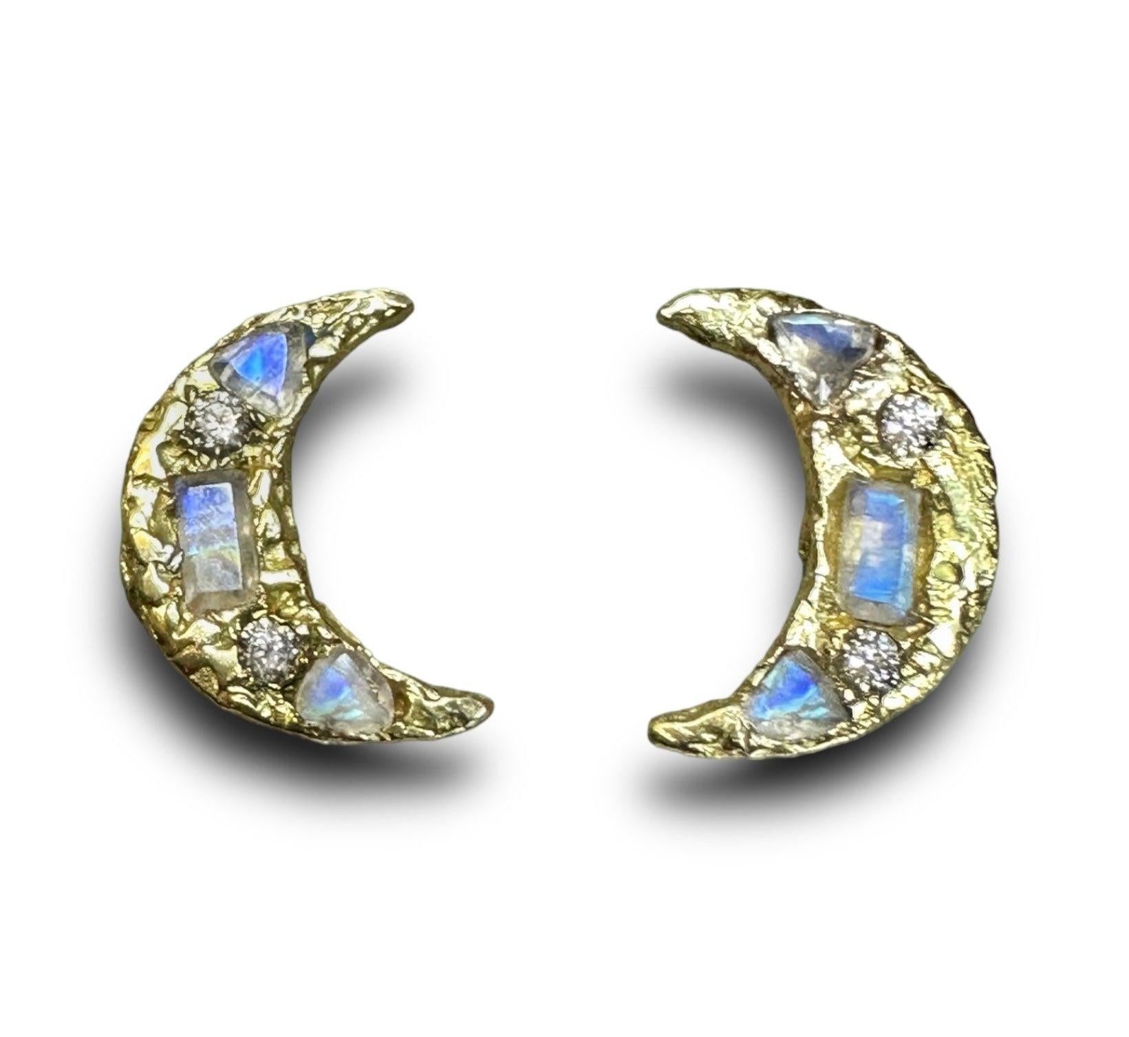 Women's Moon Crescent stud Earrings Diamonds Moonstones in Gold one of a kind in stock For Sale