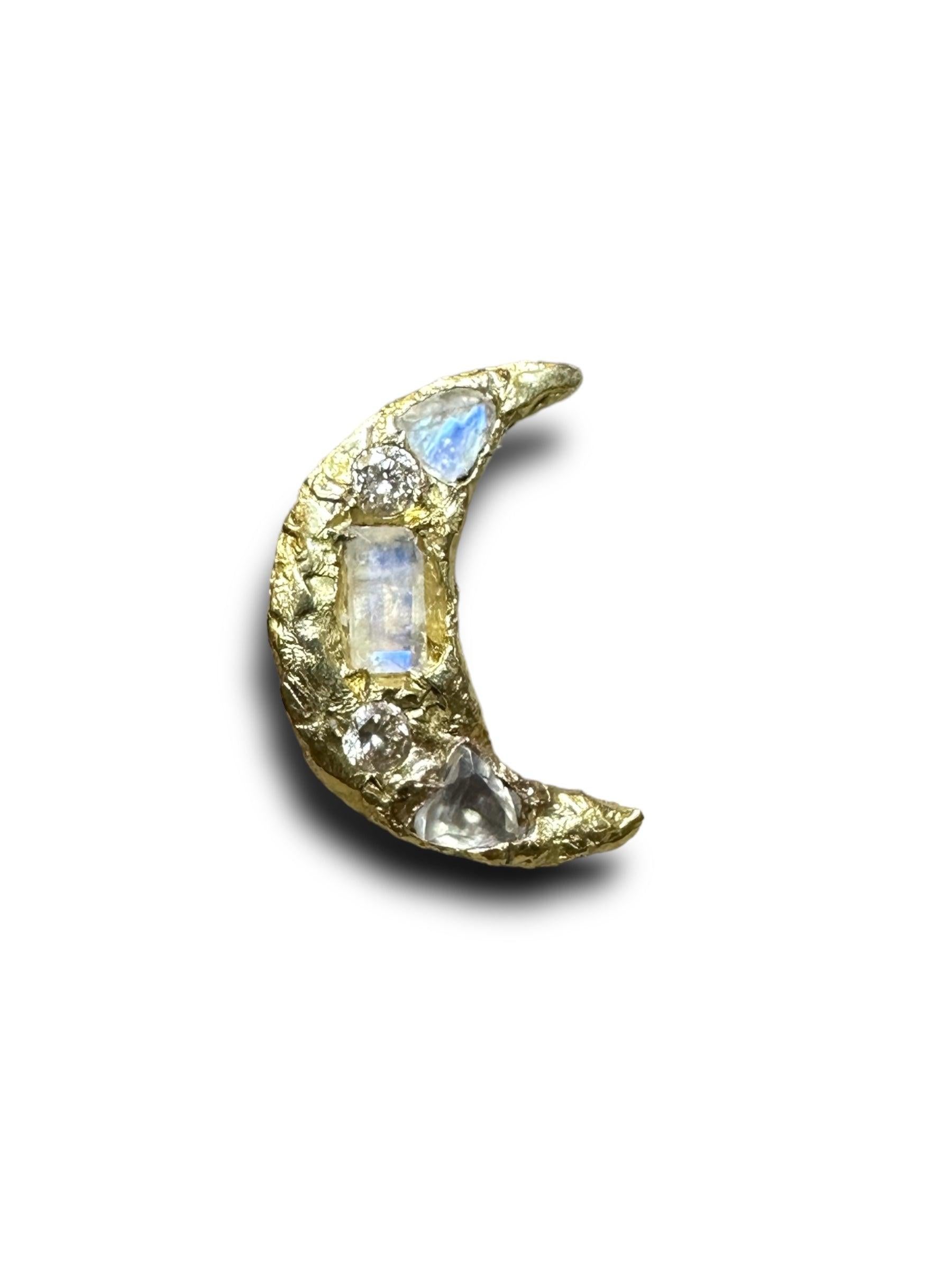 Moon Crescent stud Earrings Diamonds Moonstones in Gold one of a kind in stock For Sale 2