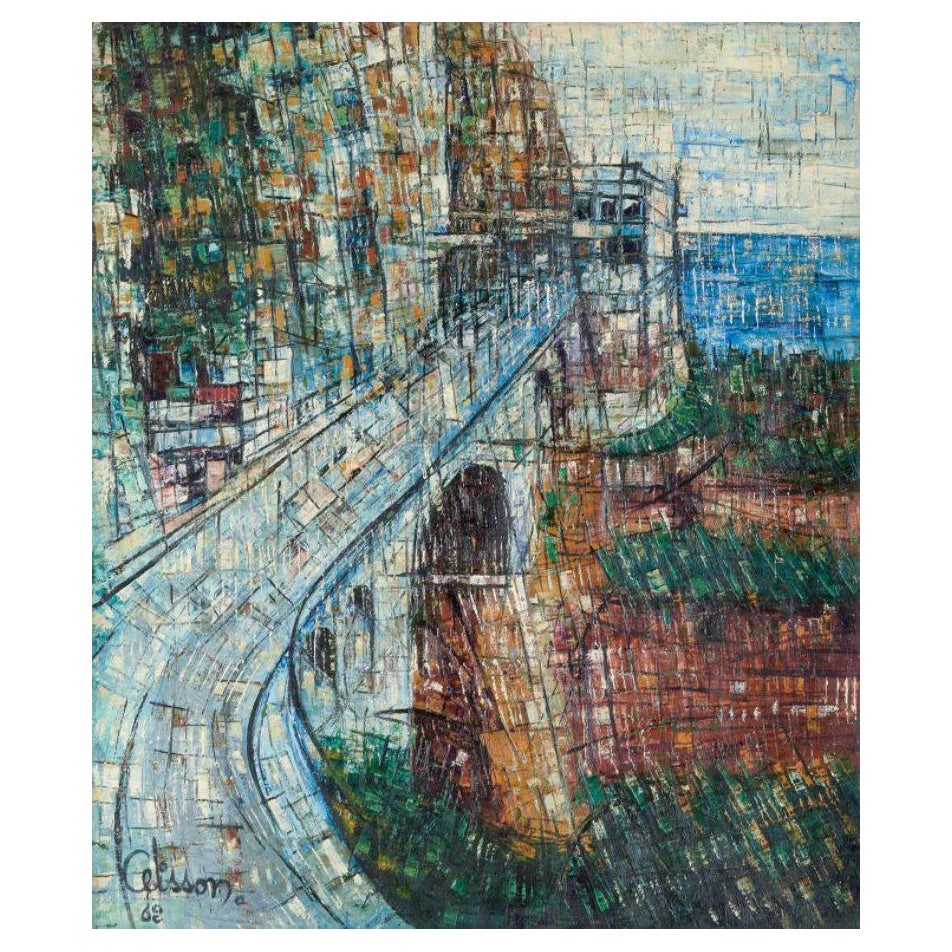 Celisson, artiste français, paysage futuriste. Huile sur toile, 1962 en vente