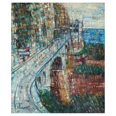 Retro Celisson, French artist, Futuristic landscape. Oil on canvas. 1962