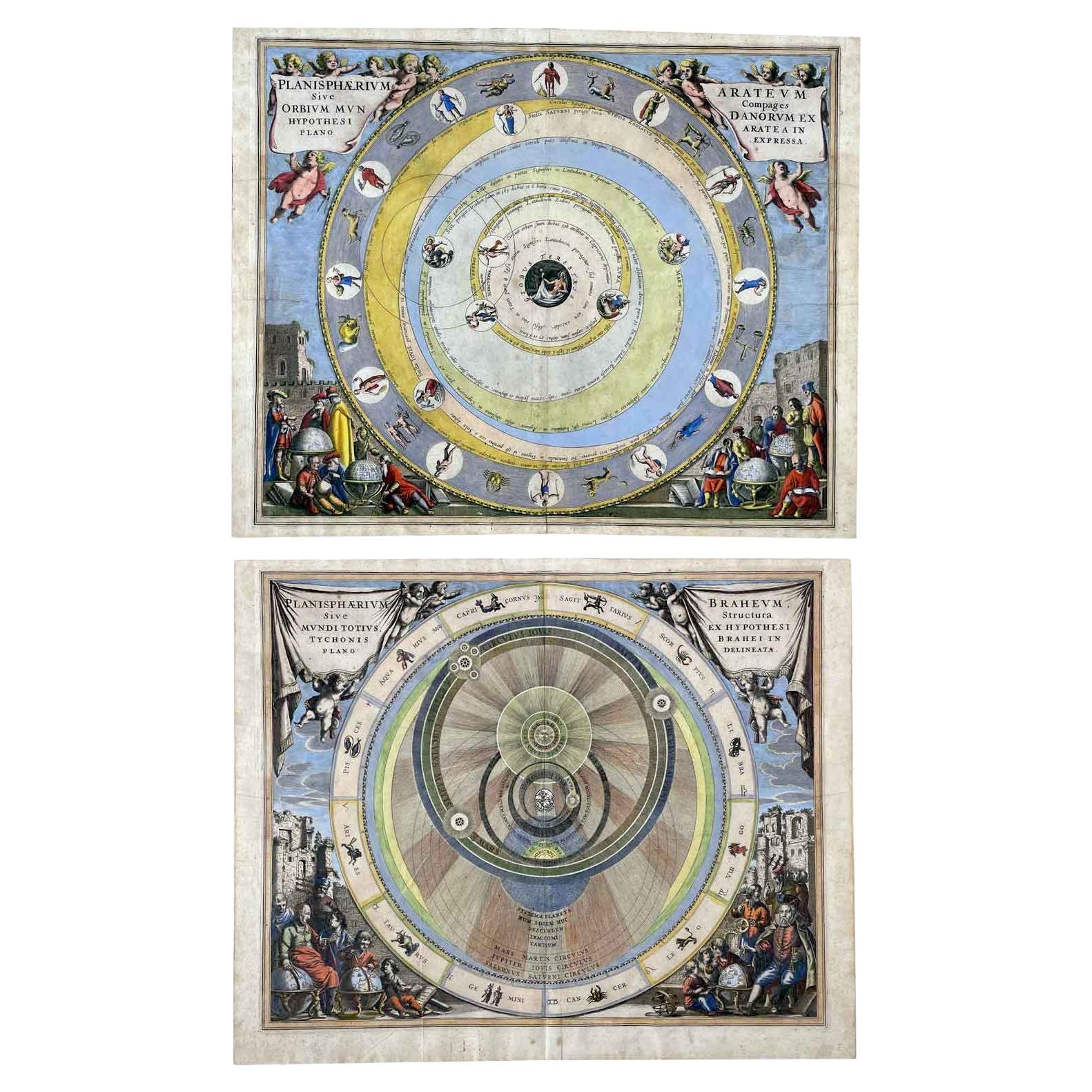 Cellarius Andreas Pair of 18th Century Watercolor Celestial Maps within gilt frames,  titled
Planisphaerivm Aratevm sive Compages Orbivm Mvndanorvm ex Hypothesi Aratea in Plano Expressa e
Planisphaerium Braheum, sive Structura Mundi Totius ex