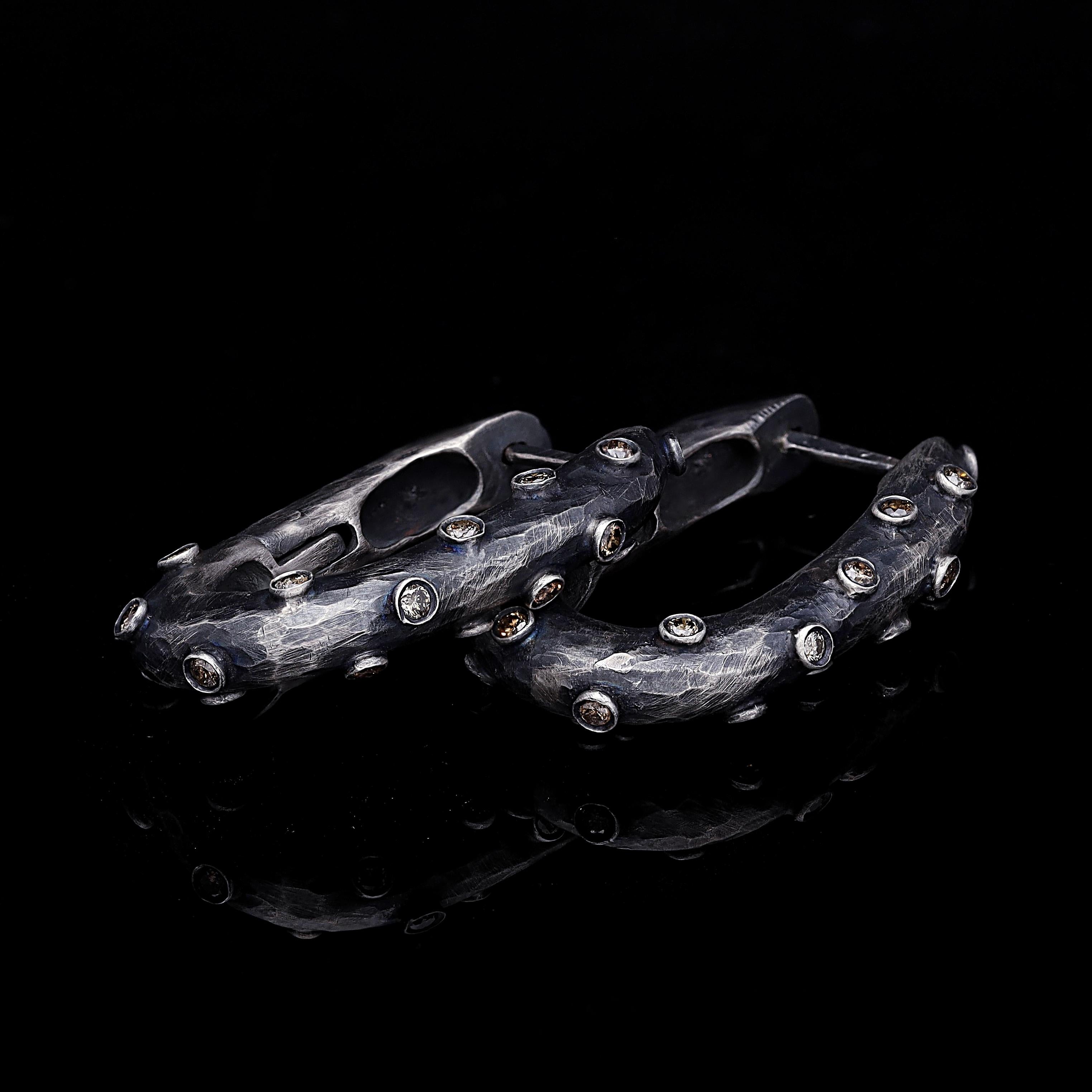 Contemporary Oxidised Silver Celles Diamond Huggie Hoop Earrings For Sale
