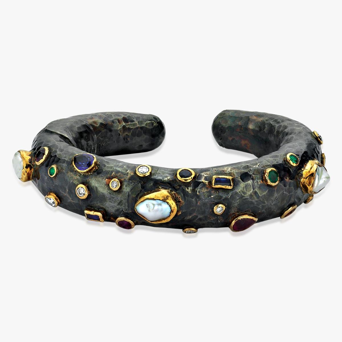 Mixed Cut Oxidised Silver and 24k Gold Celles Cuff Bangle with Diamonds For Sale
