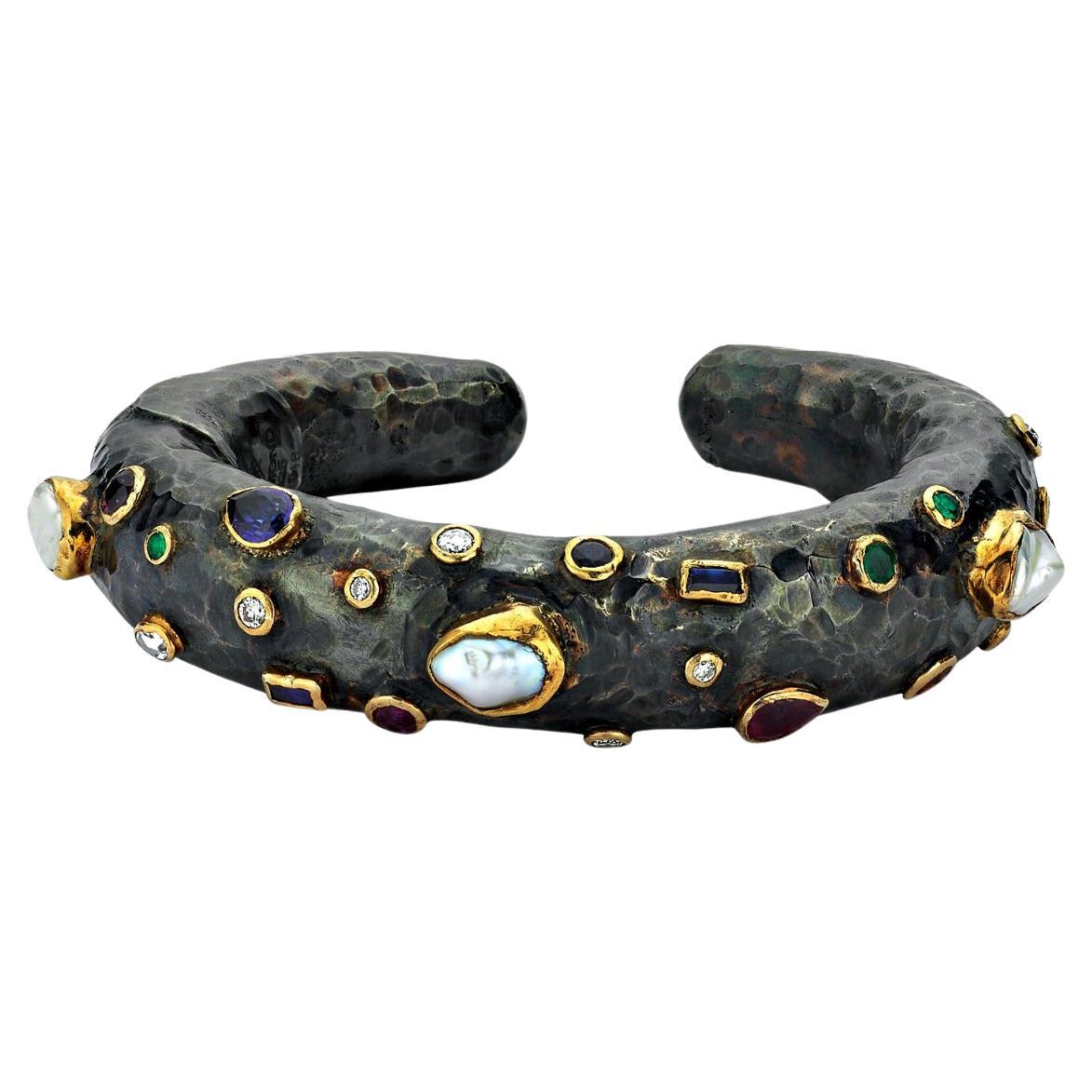 Oxidised Silver and 24k Gold Celles Cuff Bangle with Diamonds For Sale