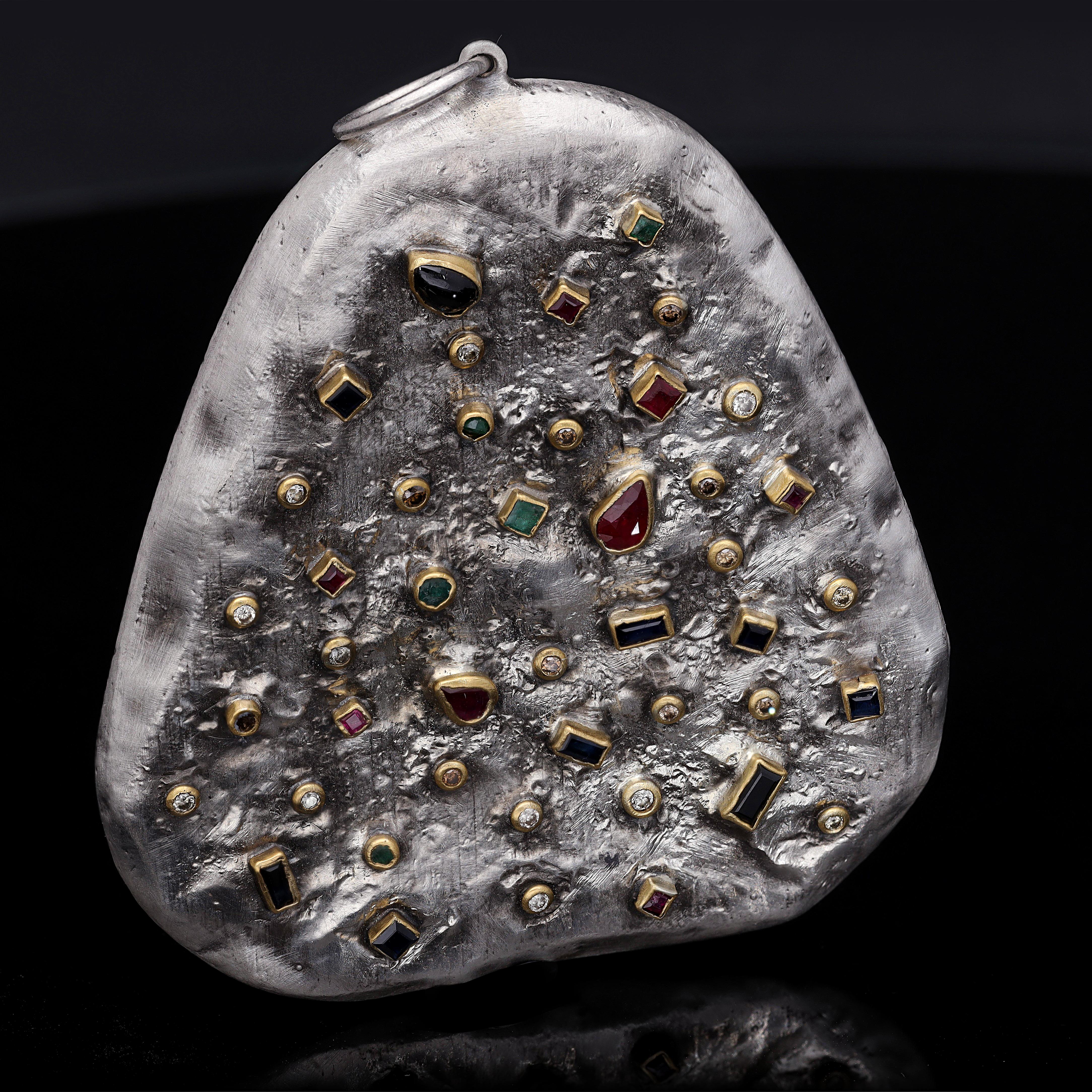 Contemporary Silver and 24k Gold Celles Pendant with Sapphire, Ruby, Emerald, Diamonds For Sale