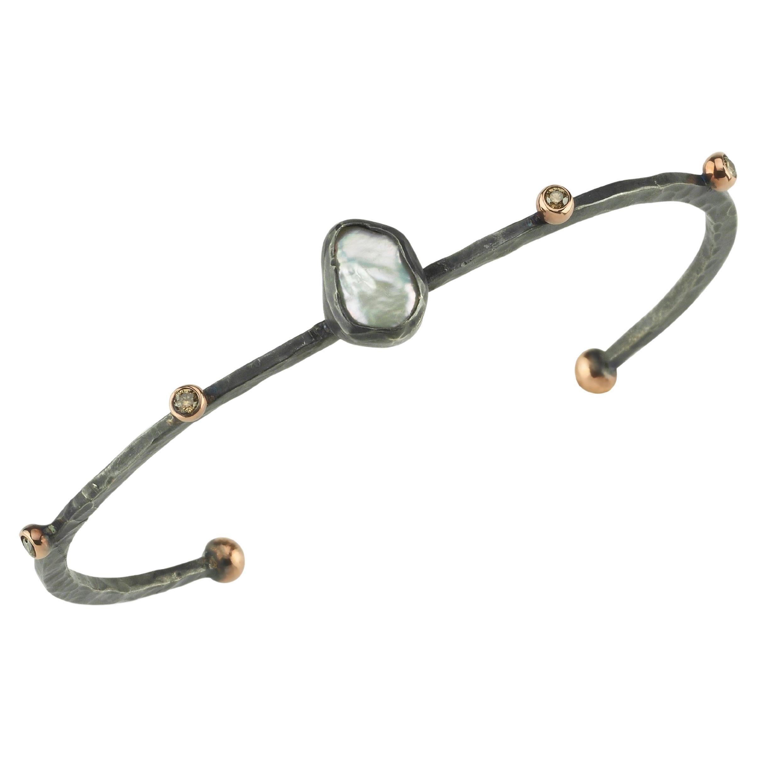 Oxidised Silver and 8k Gold Celles Cuff Bangle with Pearl and Champagne Diamonds For Sale