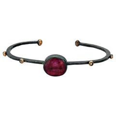 Oxidised Silver and 8k Gold Celles Cuff Bangle with Ruby and Champagne Diamonds
